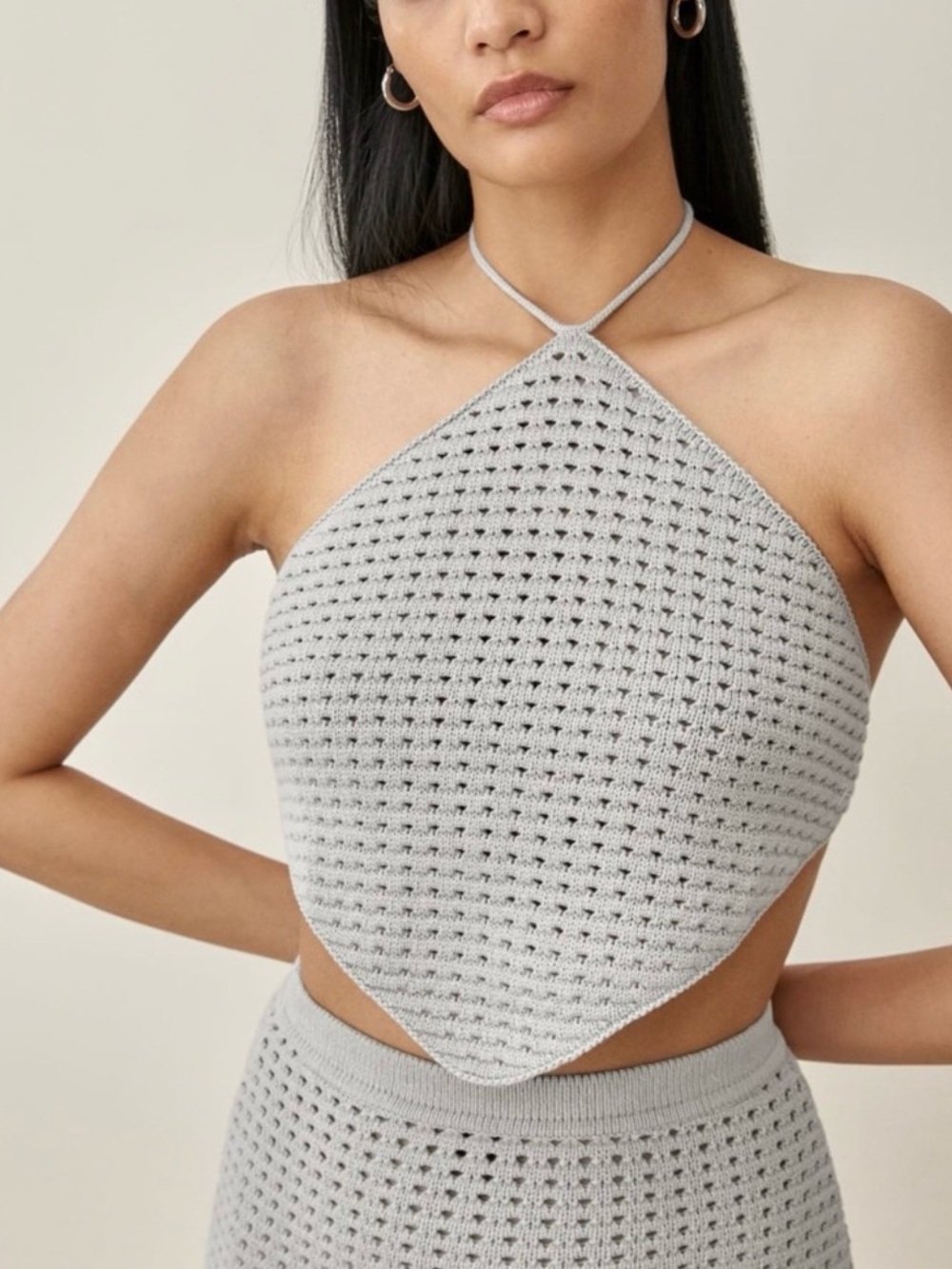 Reformation Grayson Open Knit Handkerchief Halter Top Gray XS